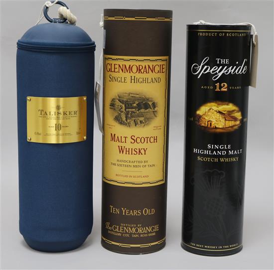 Three single malts, including Talisker 10 Years, 70cl, Speyside, 12 Years, 70cl and Glemorangie 10 Years, 100cl